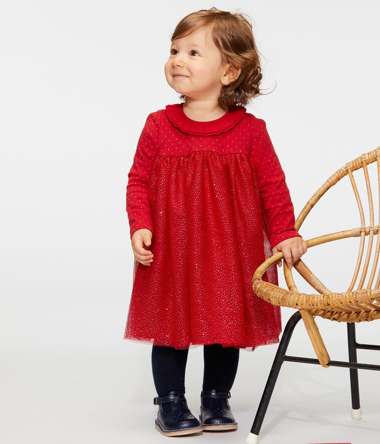 Robe manches longues bi-mati&egrave;re b&eacute;b&eacute; fille rouge/jaune