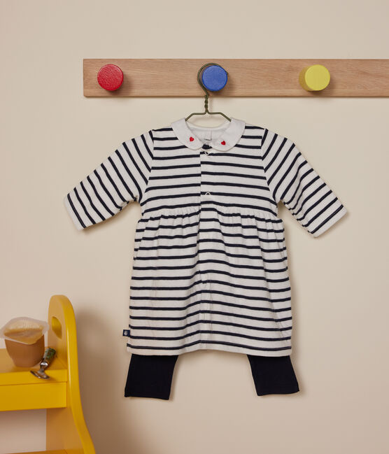 Robe et legging en coton bébé blanc MARSHMALLOW/bleu SMOKING