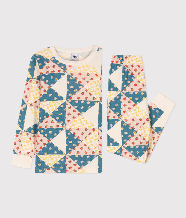 Pyjama patchwork petite fille en coton &eacute;cru/multicouleur