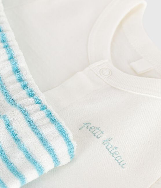 Ensemble naissance deux pièces en coton avec bas rayé bleu MARSHMALLOW/ AQUATIC