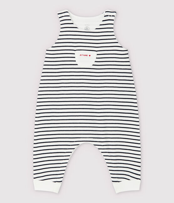Salopette longue rayée bébé en coton biologique blanc MARSHMALLOW/bleu SMOKING