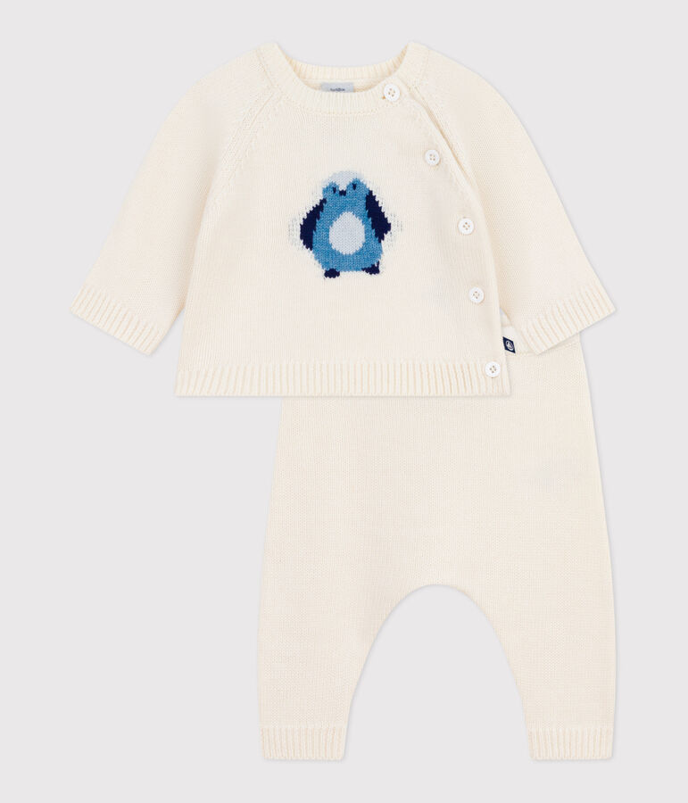 Ensemble 2 pi&egrave;ces b&eacute;b&eacute; en tricot, imprim&eacute; pingouin blanc MARSHMALLOW/blanc MULTICO