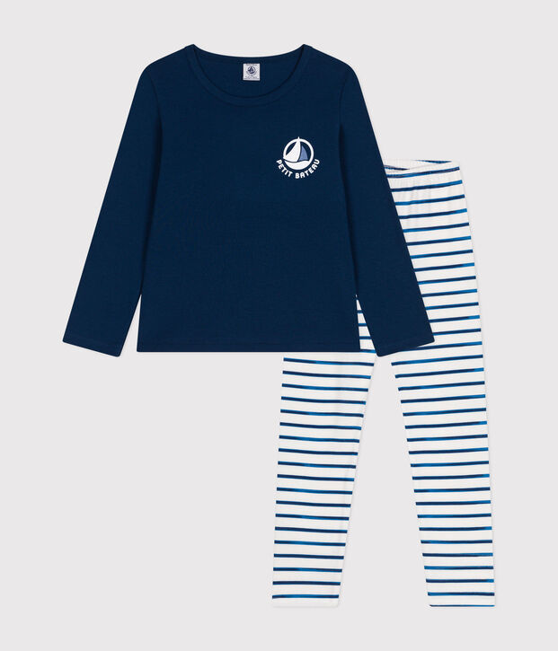 Pyjama  en coton manches longues blanc/bleu