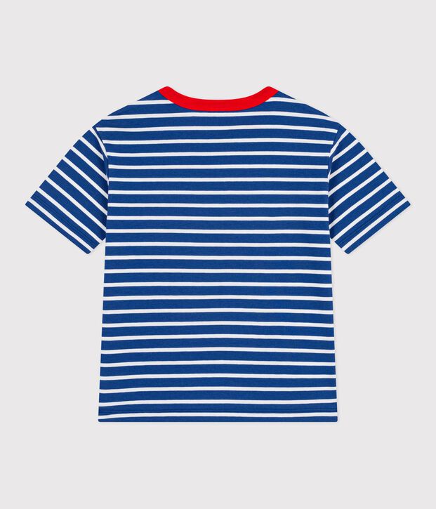 Tee-shirt enfant manches courtes en coton &agrave; rayures bleu/blanc