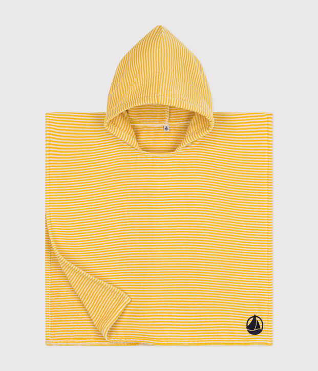 Poncho enfant en &eacute;ponge &agrave; rayures jaune/&eacute;cru