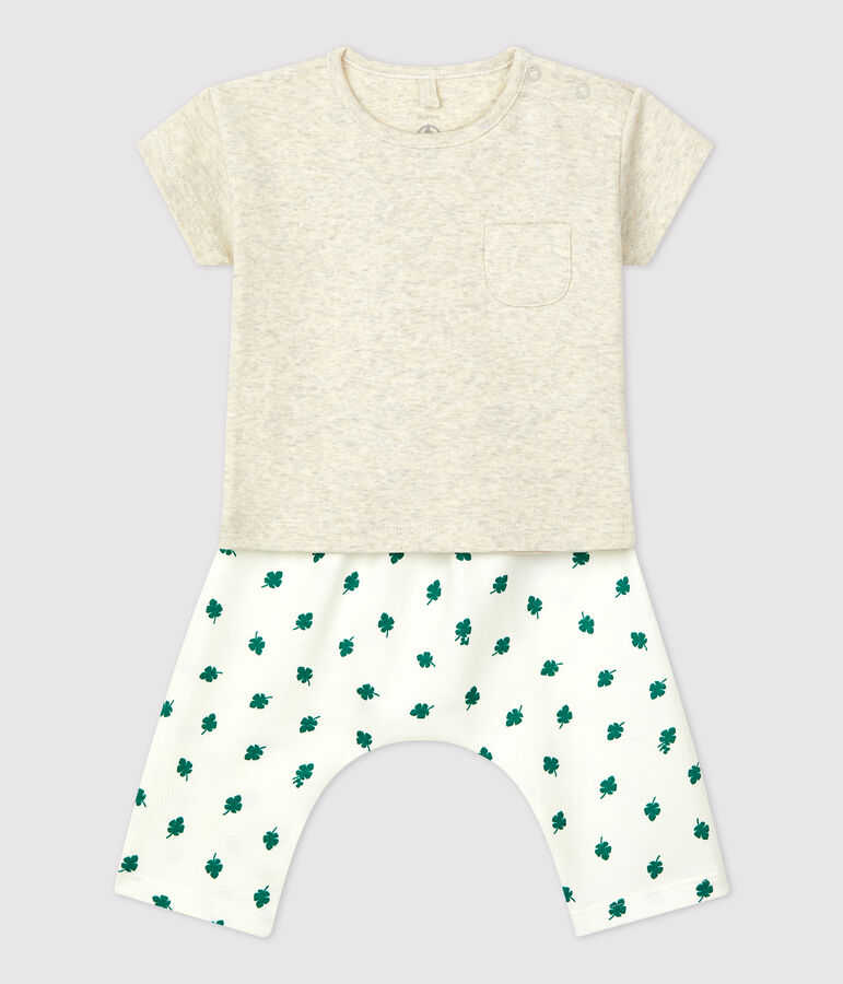 Ensemble 2 pi&egrave;ces imprim&eacute; v&eacute;g&eacute;tal en molleton bio b&eacute;b&eacute; beige MONTELIMAR/blanc MULTICO