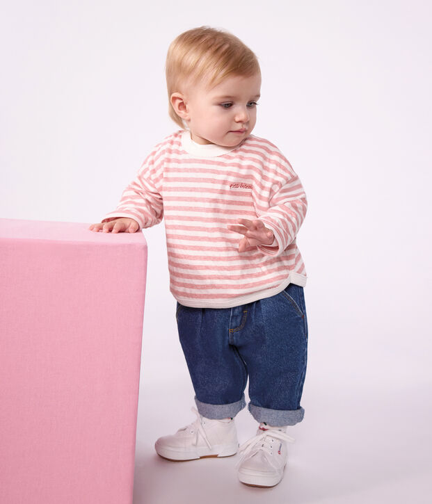 Tee-shirt b&eacute;b&eacute; en coton manches longues &agrave; rayures rose/&eacute;cru