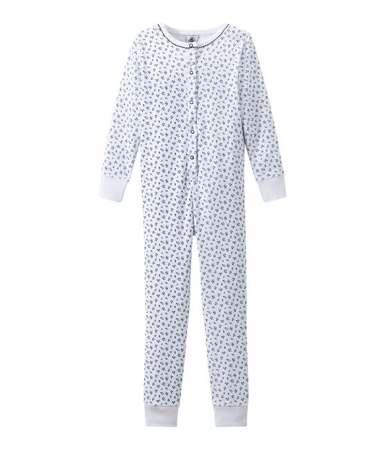Pyjama combinaison fille imprimé blanc ECUME/bleu BLEU