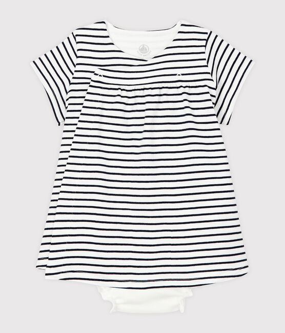 Robe manches courtes avec bloomer bébé fille en côte blanc MARSHMALLOW/bleu SMOKING