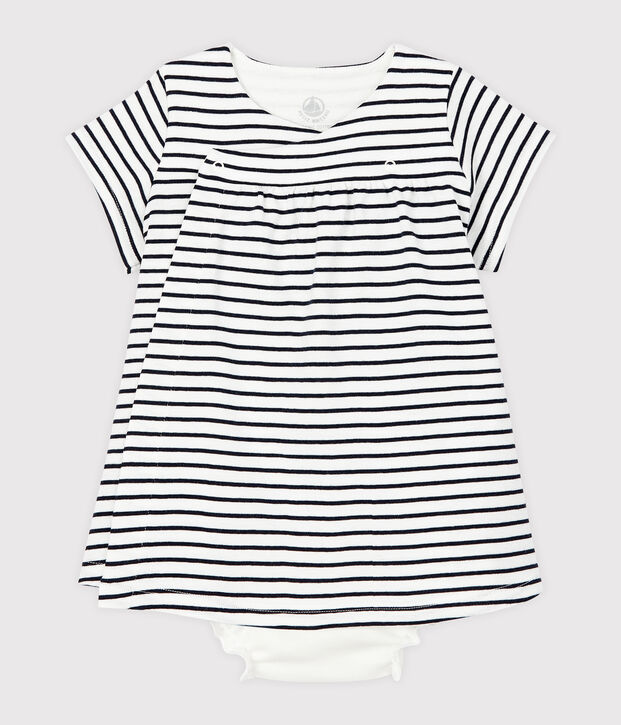 Robe manches courtes avec bloomer b&eacute;b&eacute; fille en c&ocirc;te blanc/bleu