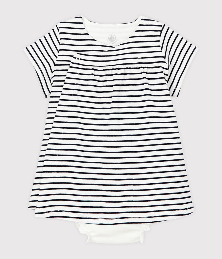 Robe manches courtes avec bloomer b&eacute;b&eacute; fille en c&ocirc;te blanc/bleu