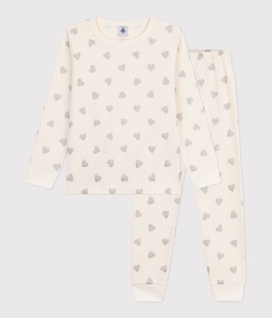 Pyjama enfant en coton imprimé cœurs argentés écru MILK/ ARGENT