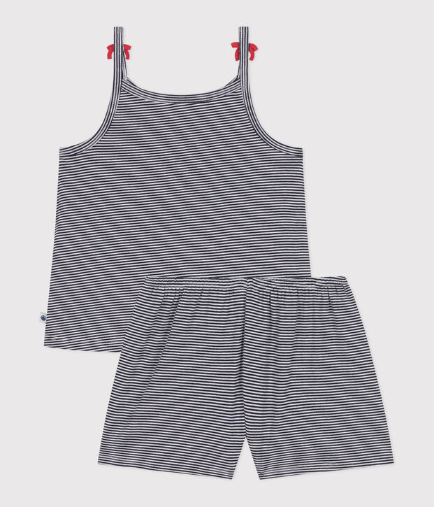 Pyjama short enfant en coton &agrave; bretelles &agrave; rayures bleu/blanc