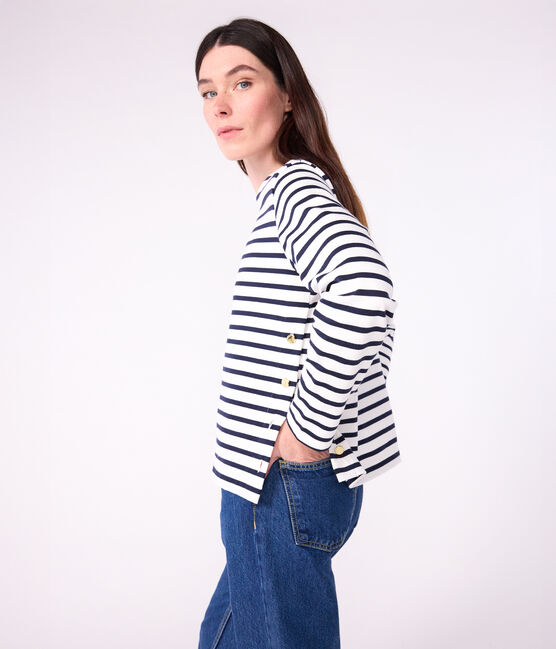Marinière femme en coton blanc MARSHMALLOW/bleu SMOKING