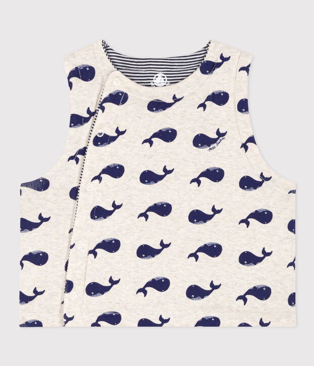 Gilet sans manche b&eacute;b&eacute; baleines reversible en coton beige/bleu