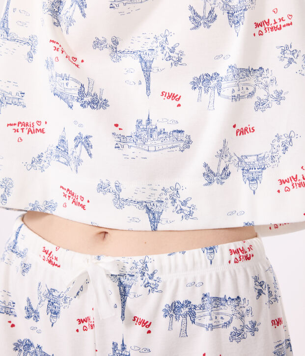 Pyjama short femme en coton imprim&eacute; Paris blanc/multicouleur