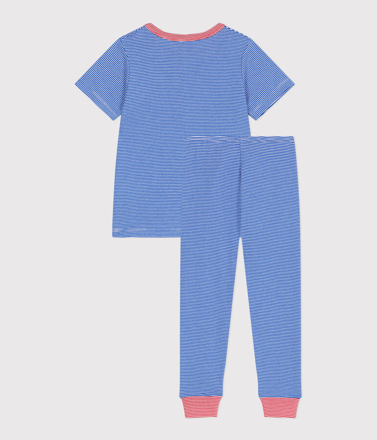 Pyjama enfant en coton &agrave; rayures bleu/blanc