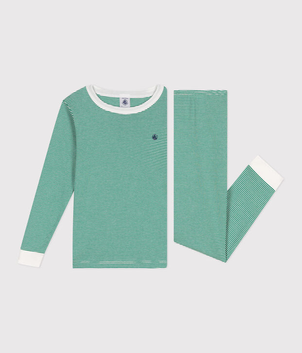 Pyjama tr&egrave;s ajust&eacute; enfant en coton &agrave; rayures vert/blanc