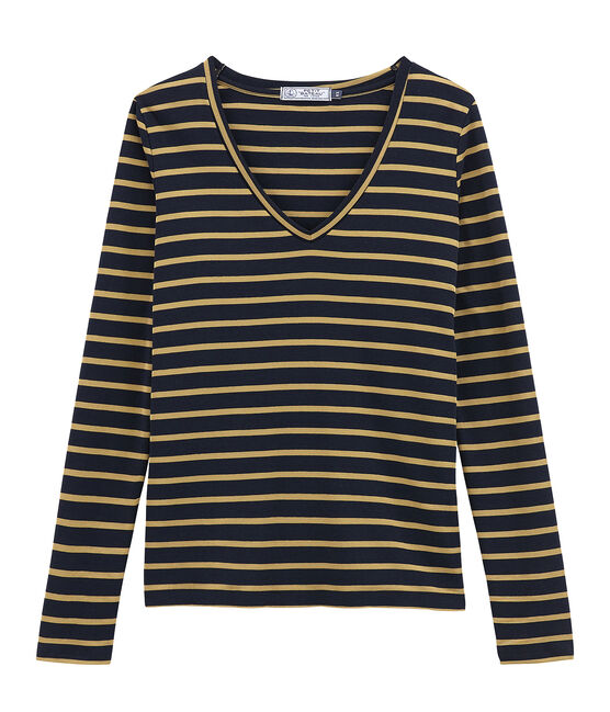 Tee shirt femme manches longues bleu SMOKING/jaune BRINDILLE SATIN