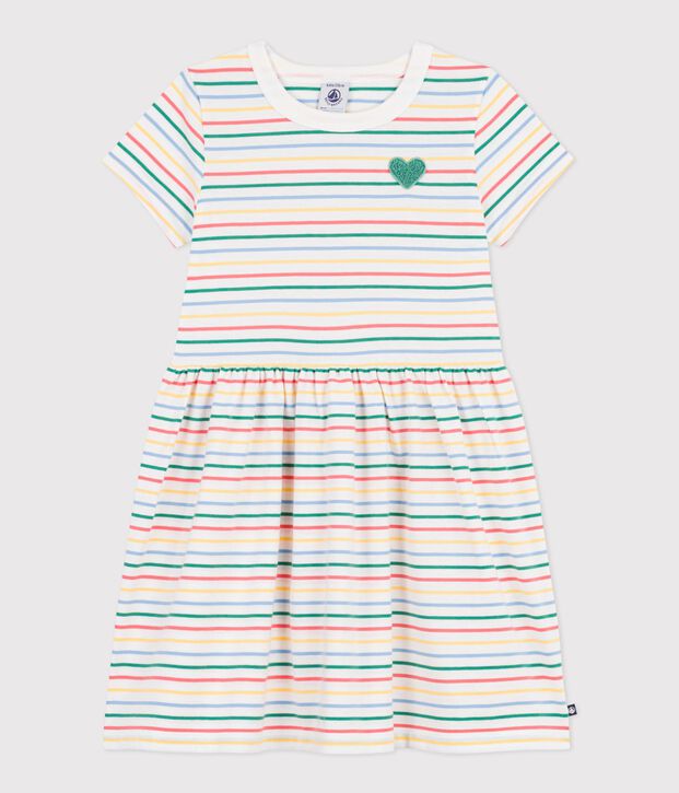 Robe enfant manches courtes en coton &agrave; rayures blanc/multicouleur