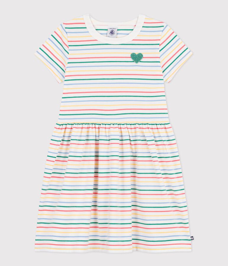 Robe enfant manches courtes en coton &agrave; rayures blanc/multicouleur
