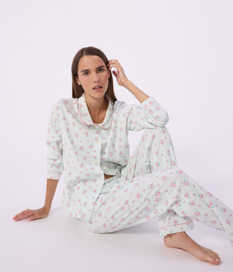 Pyjama boutonn&eacute; femme en coton imprim&eacute; blanc MARSHMALLOW/blanc MULTICO