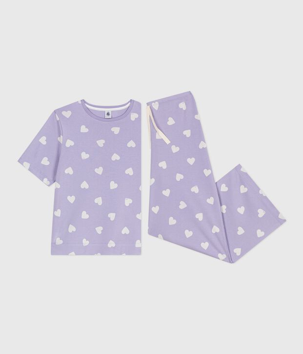 Pyjama femme en coton manches courtes jambes larges imprim&eacute; c&oelig;urs violet/blanc