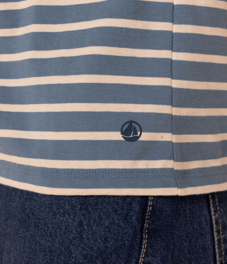 Tee-shirt LE DROIT col V en coton Femme bleu/&eacute;cru