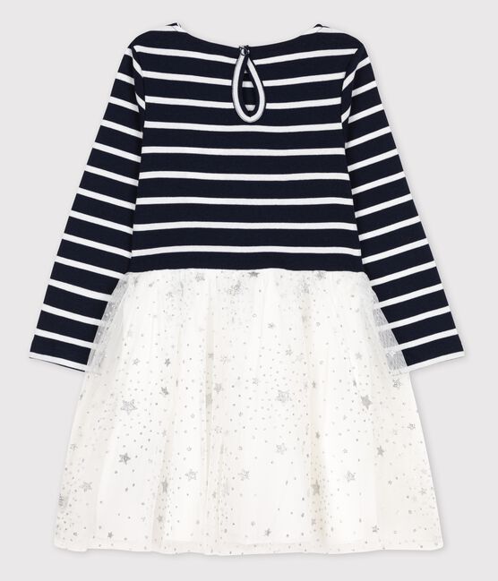 Robe manches longues coton et tulle enfant fille bleu SMOKING/blanc MARSHMALLOW