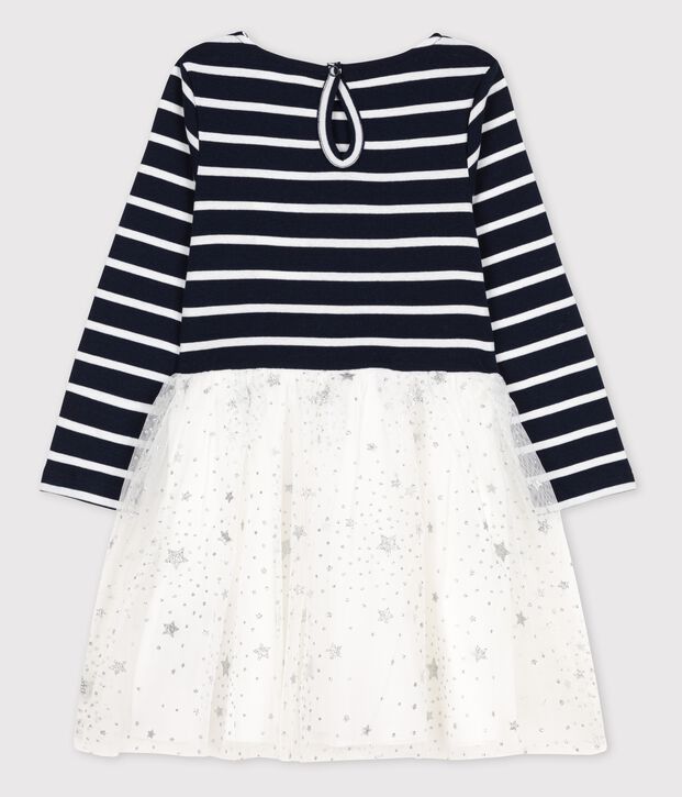 Robe manches longues coton et tulle enfant fille bleu/blanc