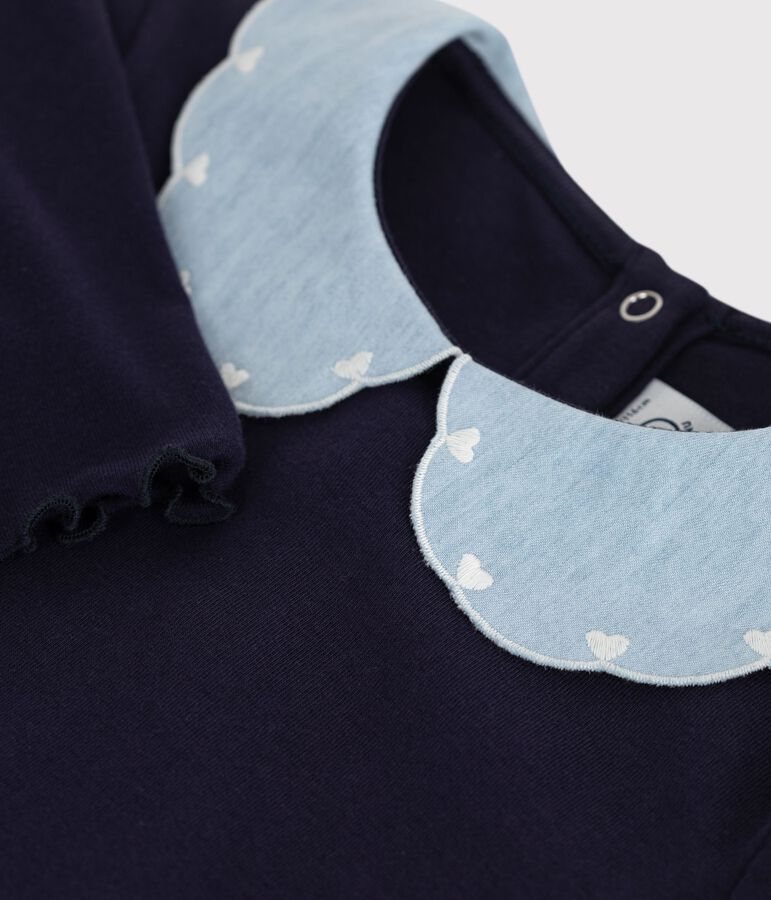 Robe enfant manches longues bi-mati&egrave;re en coton bleu SOIR