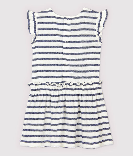 Robe manches courtes en coton/lin rayé bébé fille blanc MARSHMALLOW/bleu MEDIEVAL