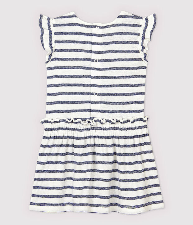 Robe manches courtes en coton/lin ray&eacute; b&eacute;b&eacute; fille blanc/bleu