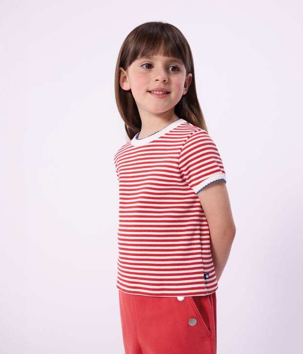 Tee-shirt enfant manches courtes en coton &agrave; rayures rouge/blanc