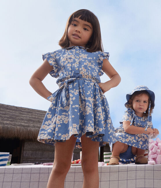 Robe imprimée sans manche en popeline enfant fille bleu BEACH/ MULTICO