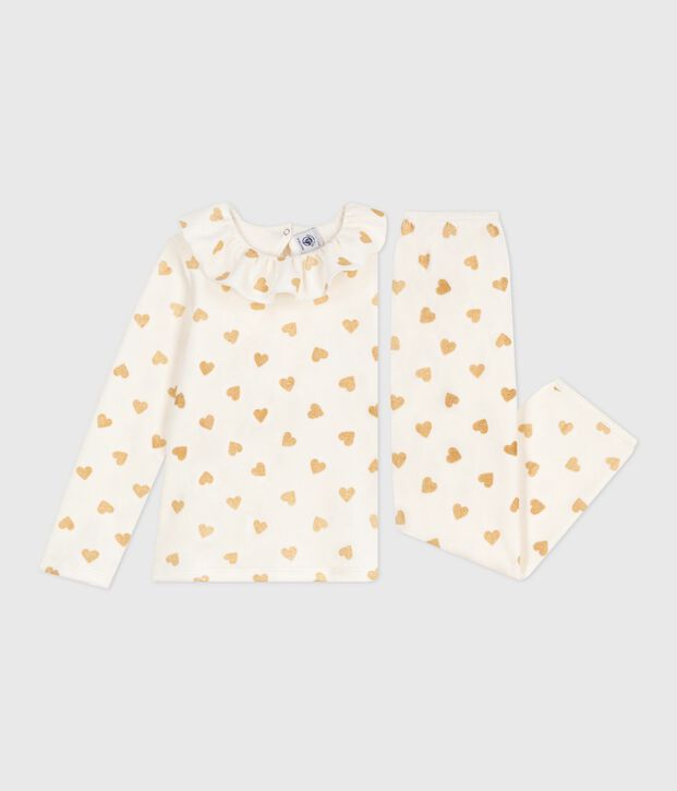 Pyjama enfant en velours imprim&eacute; c&oelig;urs dor&eacute;s &eacute;cru/jaune