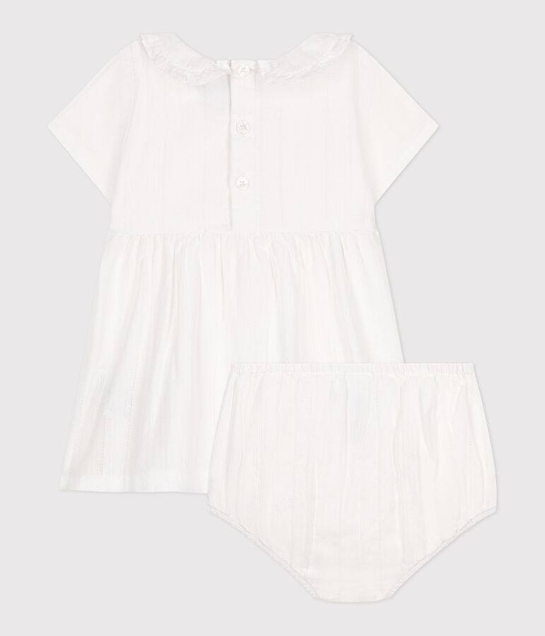 Robe blanche b&eacute;b&eacute; en coton, bloomer et leurs d&eacute;tails ajour&eacute;s blanc ECUME