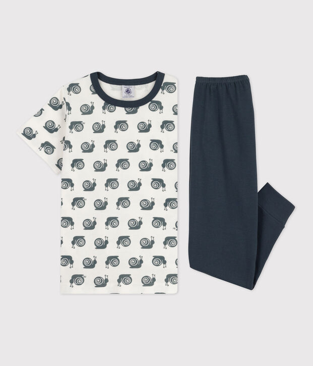 Pyjama manches courtes  escargot petit gar&ccedil;on en coton gris/blanc