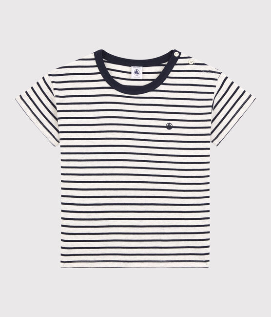 T-shirt manches courtes en coton enfant garçon beige MONTELIMAR/bleu SMOKING