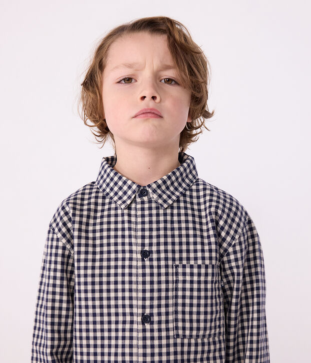 Chemise enfant en coton &agrave; carreaux bleu/&eacute;cru