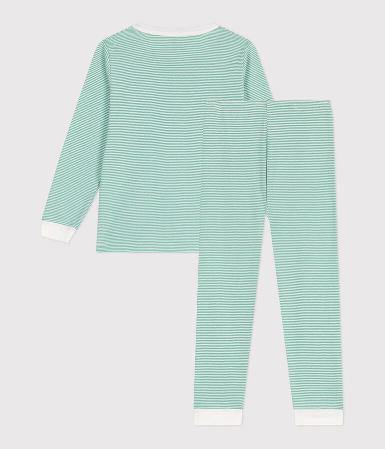 Pyjama enfant en coton &agrave; rayures vert/blanc