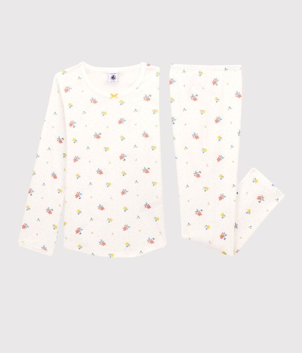 Pyjama fleurs petite fille en coton blanc/multicouleur