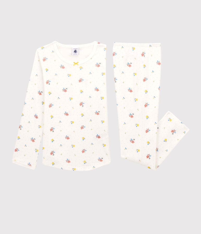 Pyjama fleurs petite fille en coton blanc MARSHMALLOW/blanc MULTICO