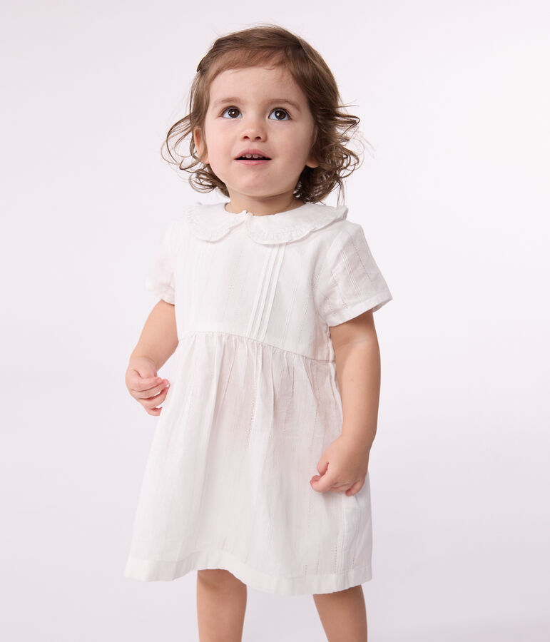 Robe blanche b&eacute;b&eacute; en coton, bloomer et leurs d&eacute;tails ajour&eacute;s blanc ECUME