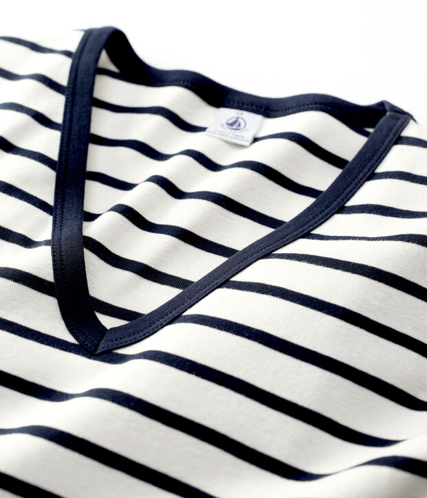 Tee-shirt L'ICONIQUE col V en coton Femme blanc/bleu