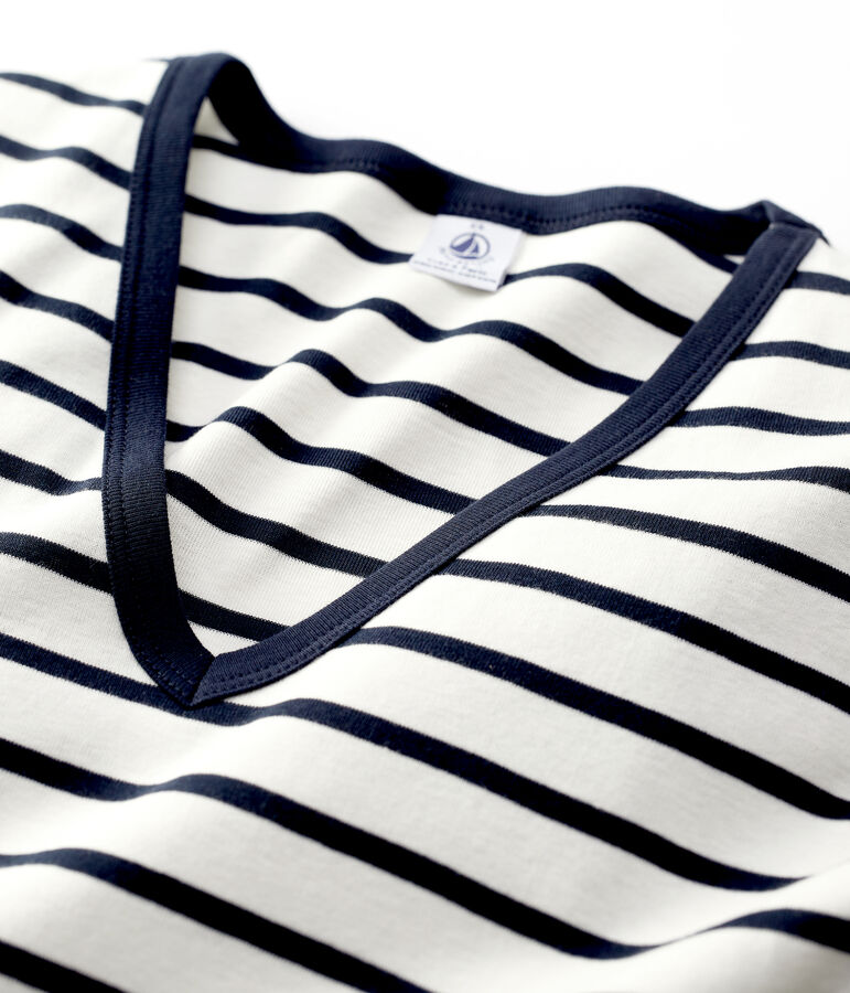 Tee-shirt L'ICONIQUE col V en coton Femme blanc MARSHMALLOW/bleu SMOKING