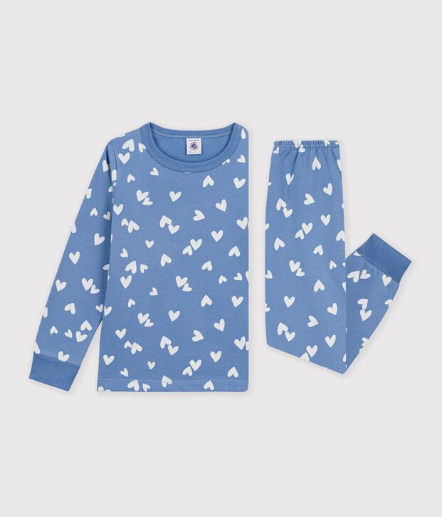 Pyjama enfant en molleton &agrave; c&oelig;urs bleu/blanc