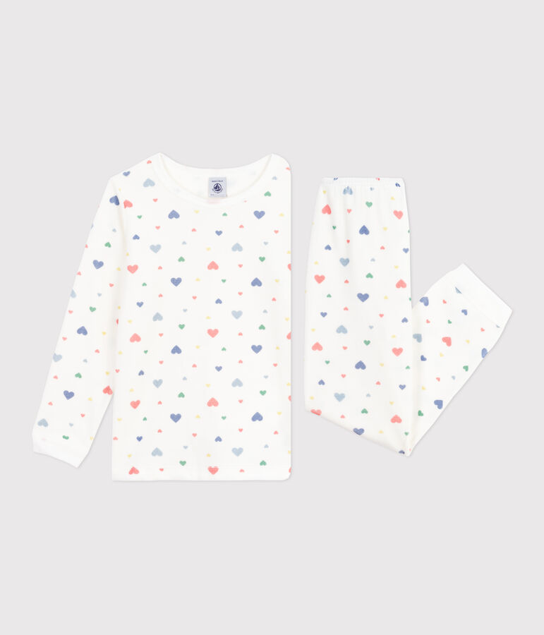 Pyjama enfant en velours imprim&eacute; c&oelig;urs blanc MARSHMALLOW/blanc MULTICO