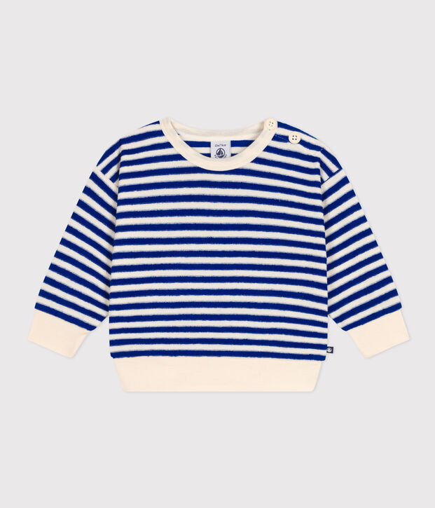 Sweatshirt en bouclette &eacute;ponge b&eacute;b&eacute; bleu/&eacute;cru