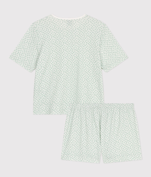 Pyjama short femme en coton fleuri blanc/vert